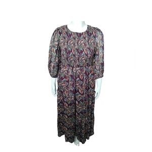 Melloday Women's Medium Paisley Smocked Metallic Tiered Cottagecore Midi Dress